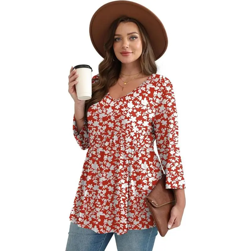 3/4 Length Sleeve Womens Tops 2025 Blouses for Women Dressy Casual Fashion Clothing V Neck Babydoll Tops Fall Outfits