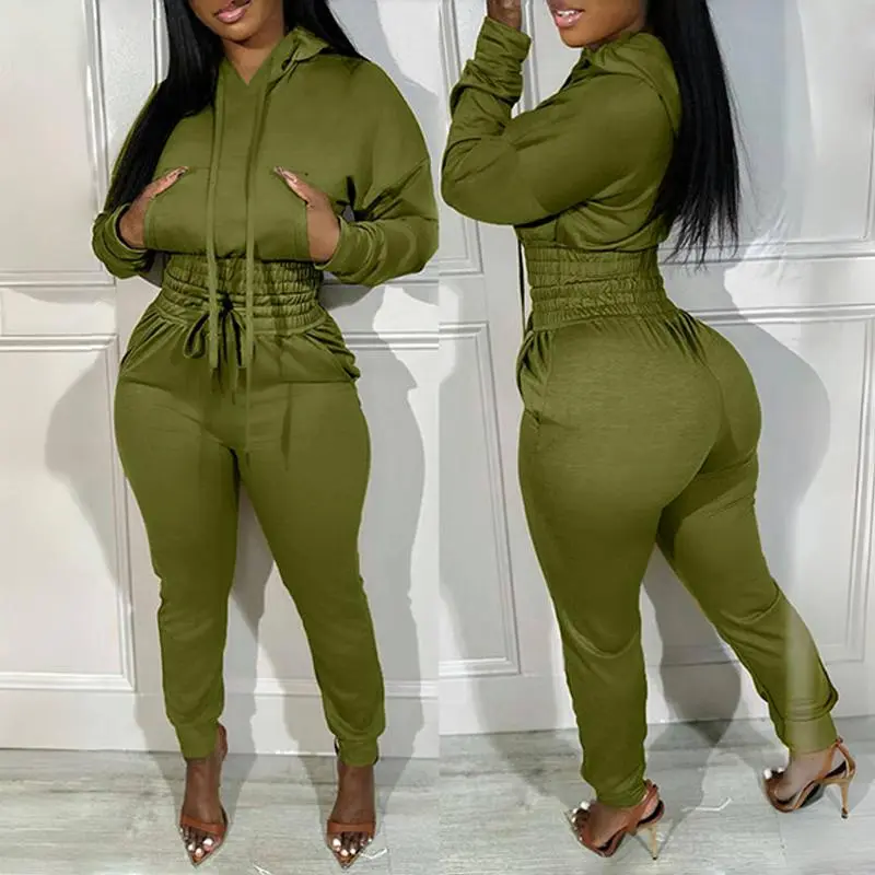 Womens 2 Piece Outfits Lounge Hoodie Shirred Waist Pocket Design Sweatshirt Cuffed Jogger Sweatpants Tracksuit