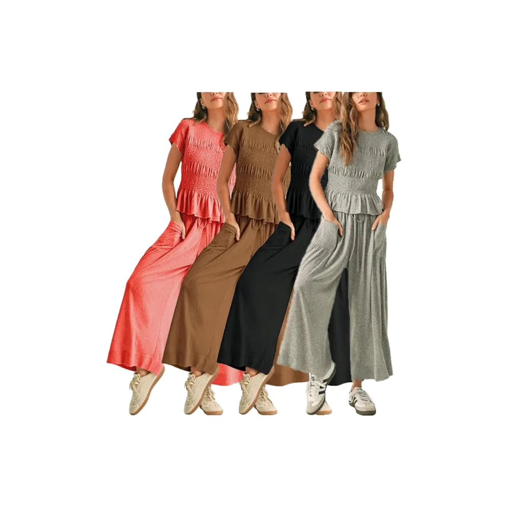 Womens 2 Piece Smocked Top Wide-Leg Pants Set