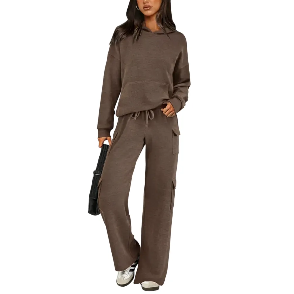 Women’s Casual Knit Tracksuit – Hoodie & Wide Leg Pants with Pockets