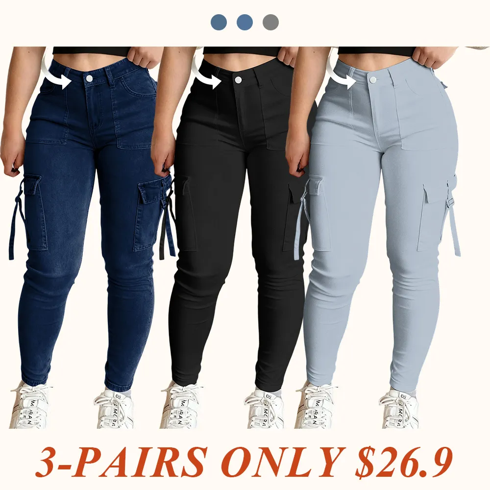 Women's Plain Multi-pocket Denim Cargo Pants