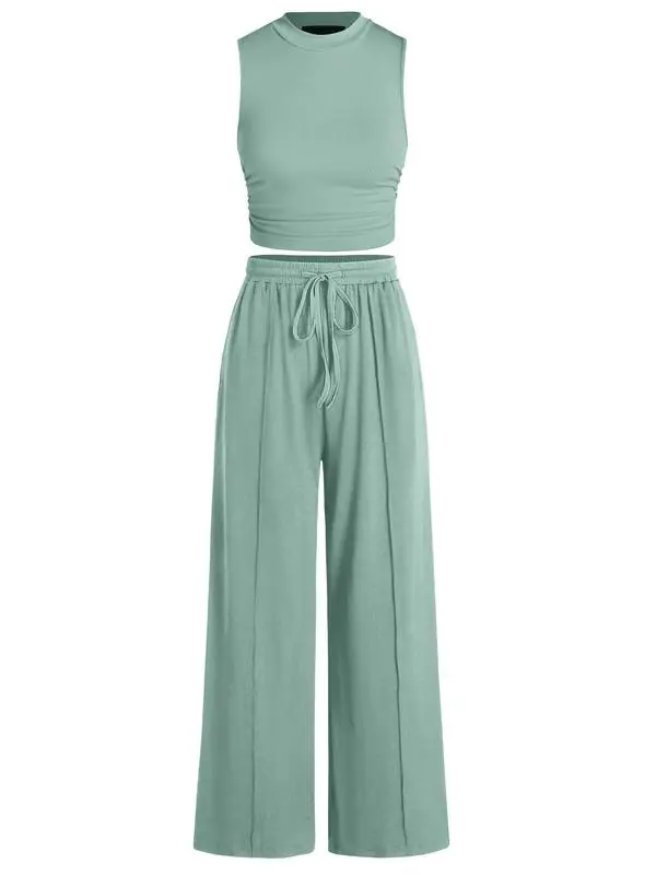 Women's Summer 2-Piece Outfits - Ribbed Knit Crew Neck Sleeveless Cropped Top & Wide Leg Pants Lounge Set