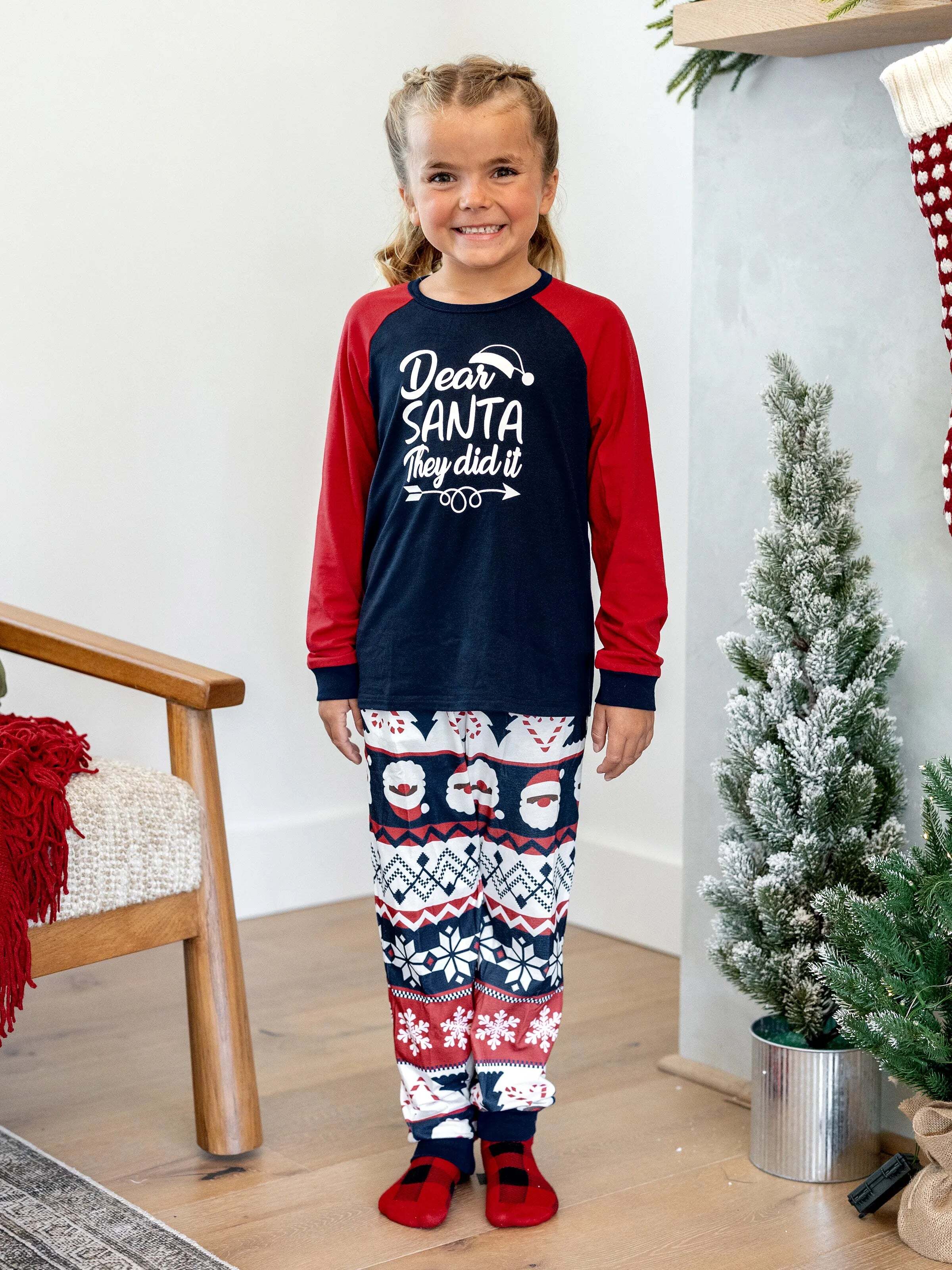 Christmas Matching Family Pajamas Set Glow In The Dark Santa Claus Print PJS with Christmas Socks Deep Blue