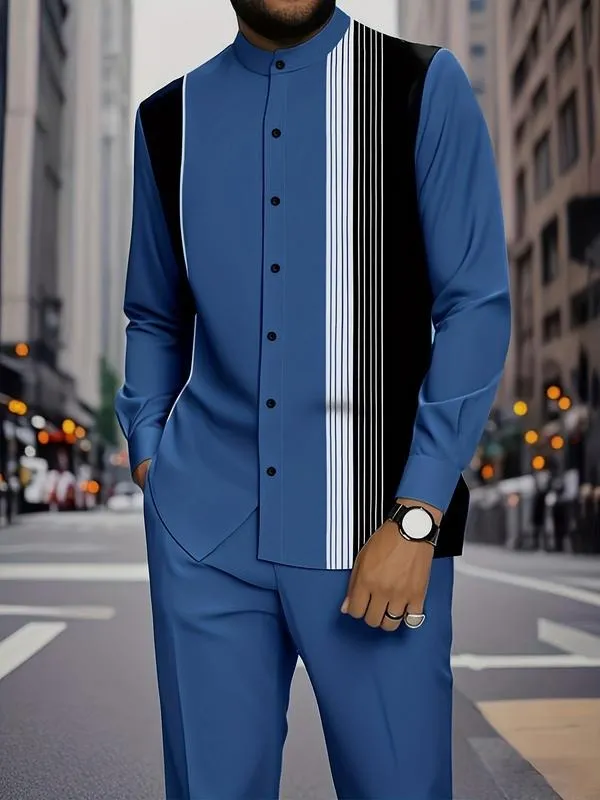 2 piece men's black and white vertical stripe graphic printed button up collar top and drawstring waist casual pants