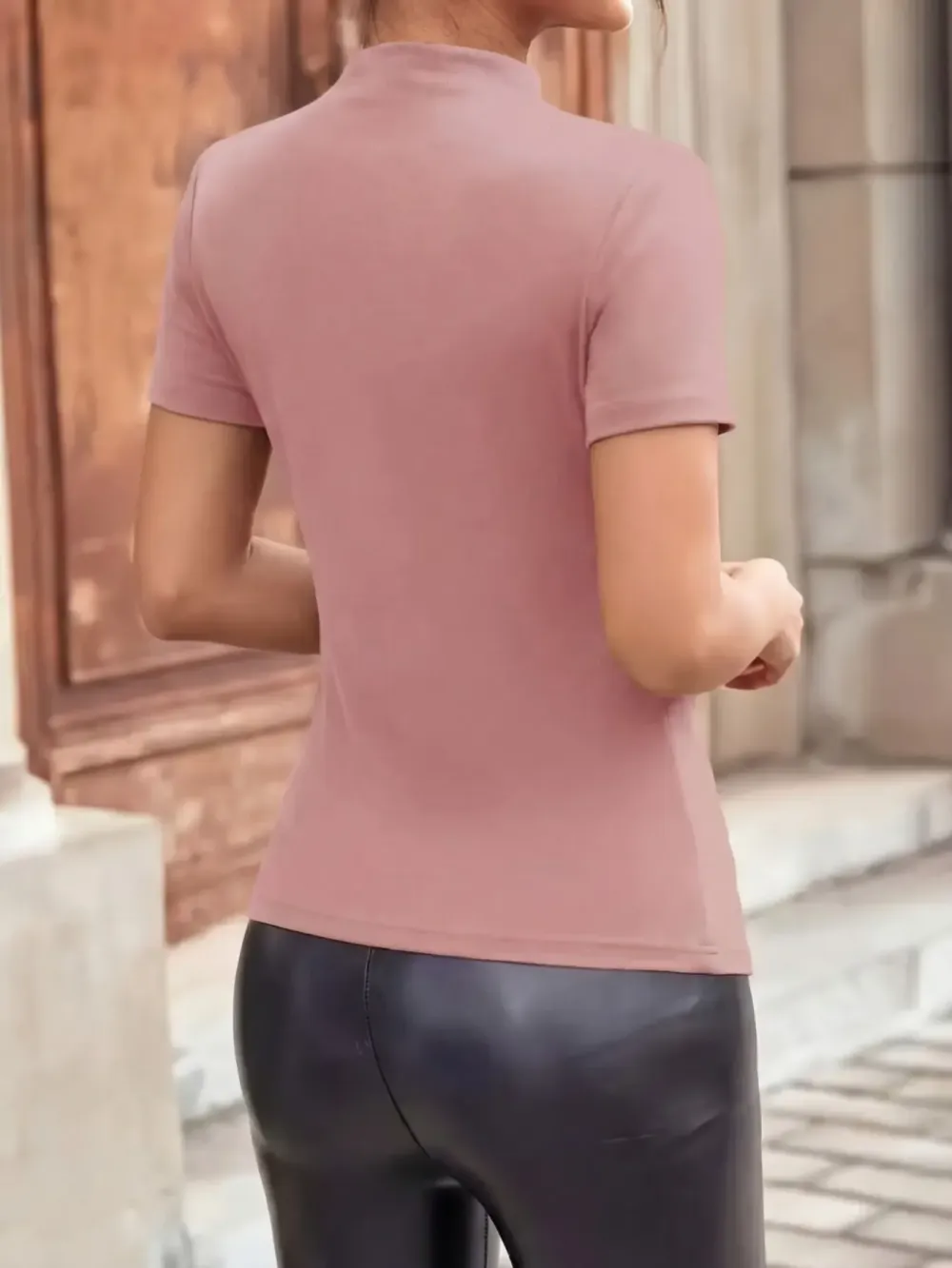 Women's Slim Fit Ruched Asymmetrical Top, High Neck Short Sleeve Knit T-Shirt, Casual Plain Design