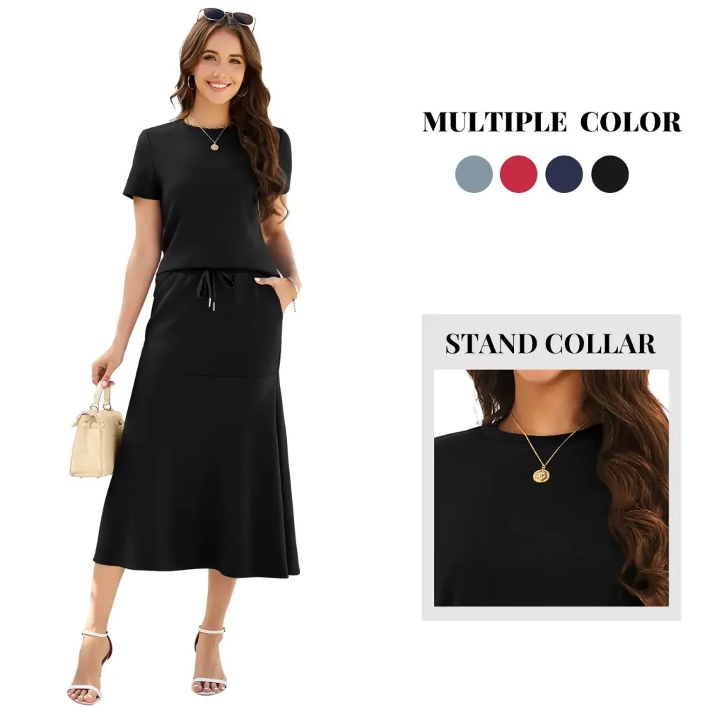 Women's Two Piece Sets Summer Outfits Cap Sleeve Top Drawstring Midi Skirts