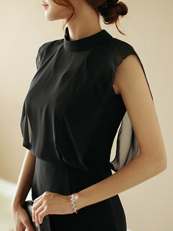 Gauze Hollow See-Through Split-Joint Zipper Loose Sleeveless Stand Collar Midi Dresses Evening Dresses