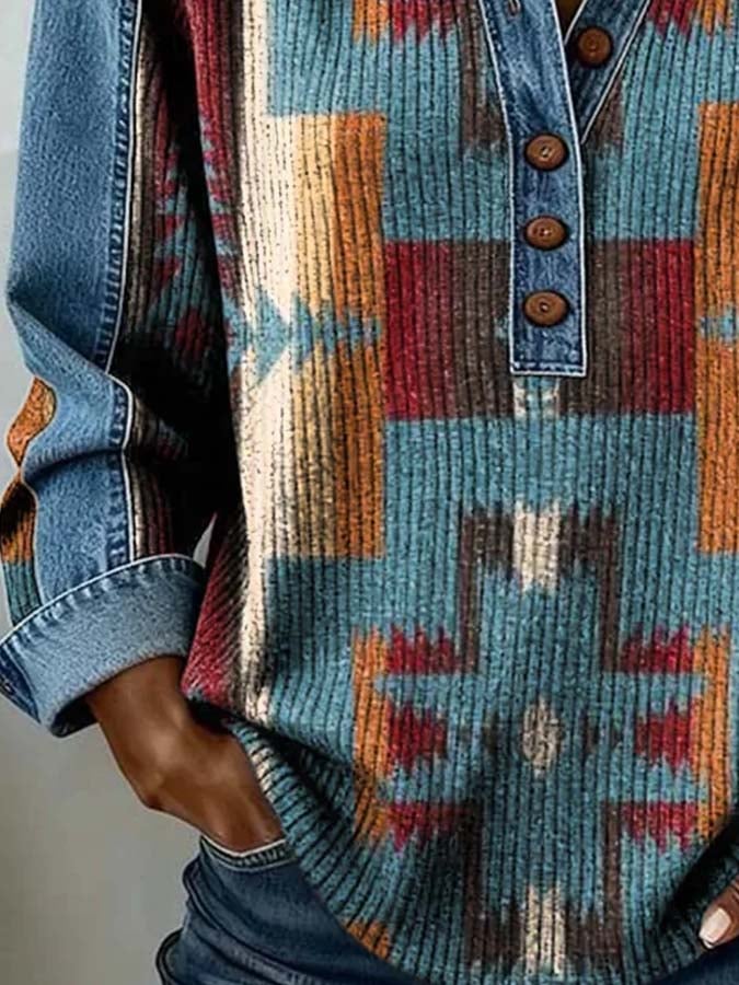 Women'S Casual Color-Block Printed Patchwork Pullover Sweatshirt