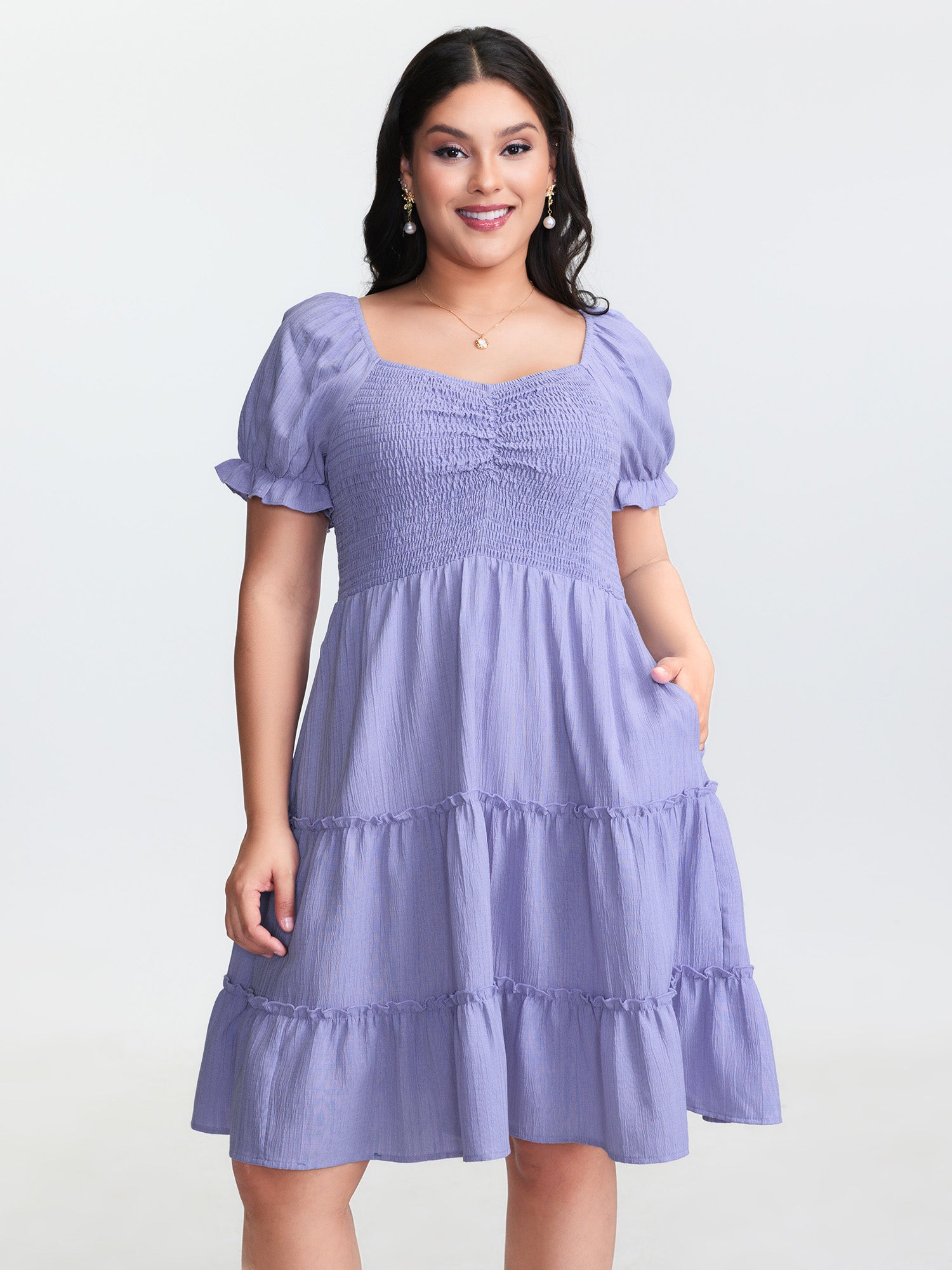 Shirred Tiered Gathered Sleeve Mini Dress