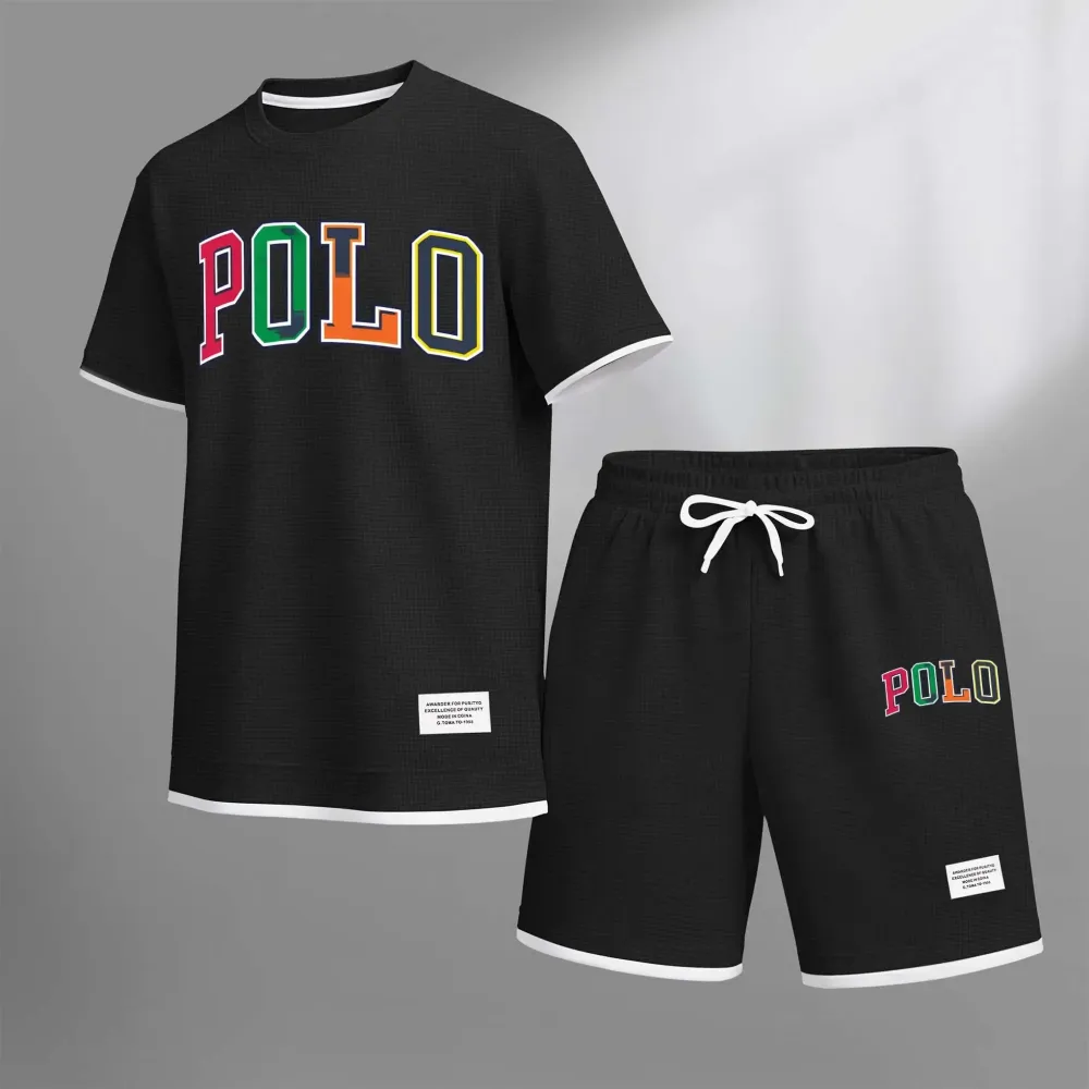 Men's Polo Print Drawstring Shorts Set For Spring/Summer. A Casual Summer Outfit, Including A Short-Sleeved Shirt And Shorts