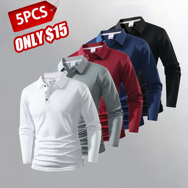 5-Piece Set Men's Long Sleeve Polos — Variety of Colors, Suitable for Everyday & Casual Wear Clothes Work White