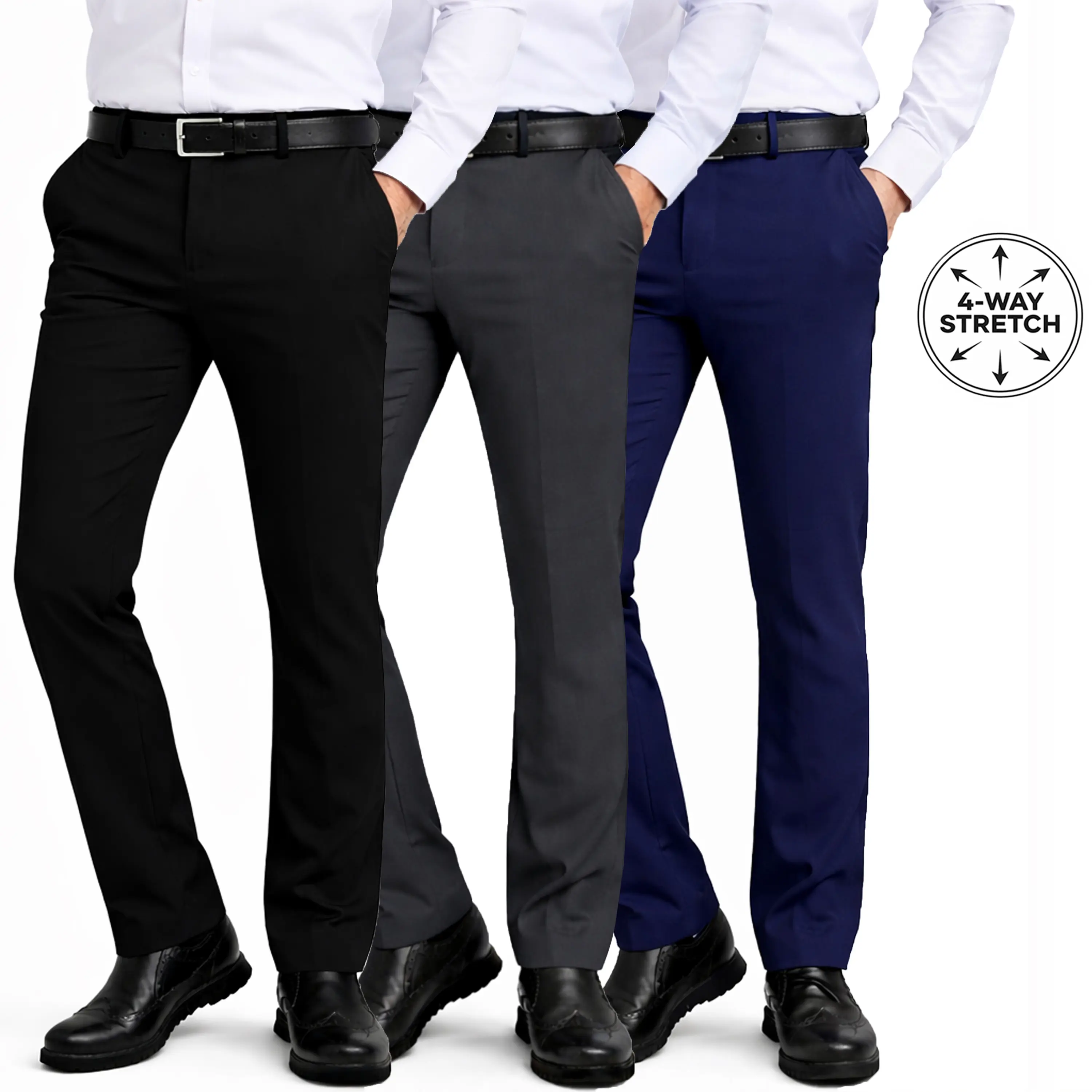 3-Pack Mens Flex Stretch Slim Fit Dress Pants (Sizes, 30-40)