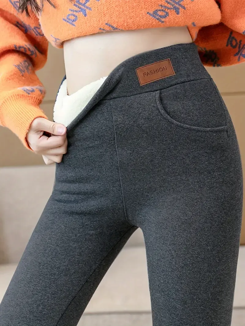 Warm, Stretchy Women's High-Waisted Fleece-Lined Leggings with Pockets