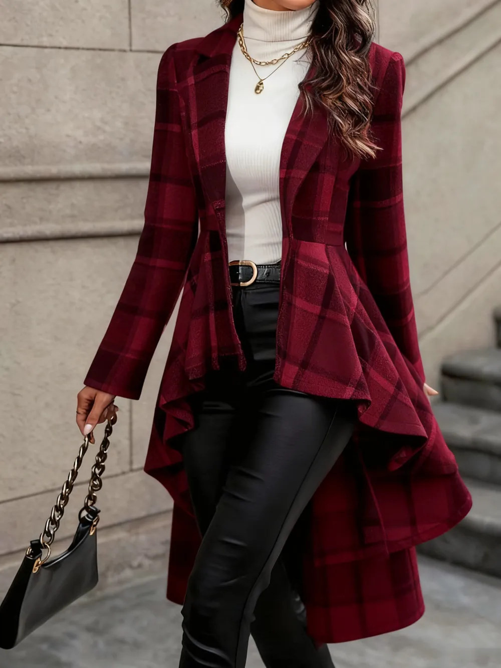 Women's Plaid Print Button High Low Hem Jacket