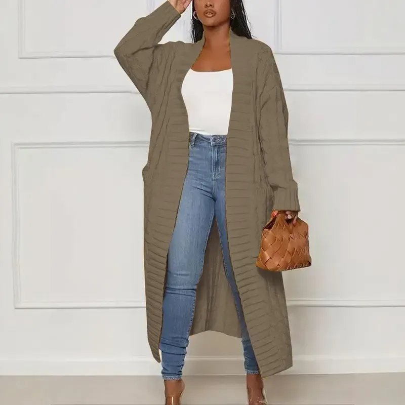 Women's Solid Color Textured Drop Shoulder Pocket Longline Cardigan