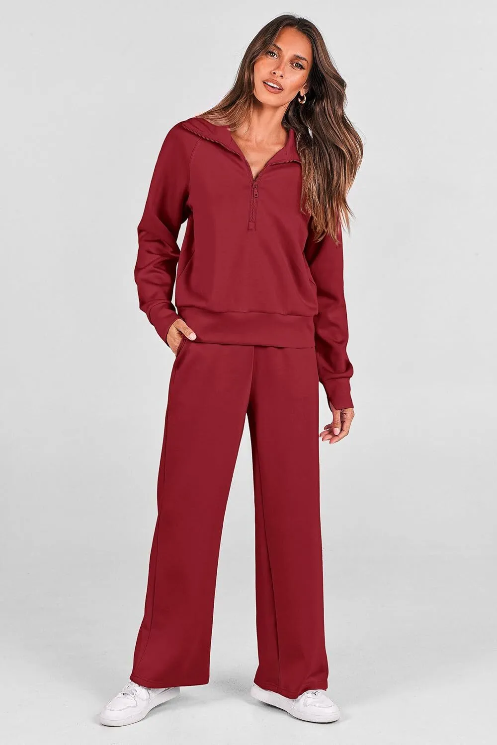 🔥Final Day Clearance!🛒Women's 2 Piece Outfits Casual Lapel Half Zip Sweatshirts And Wide Leg Pants Tracksuit Sets