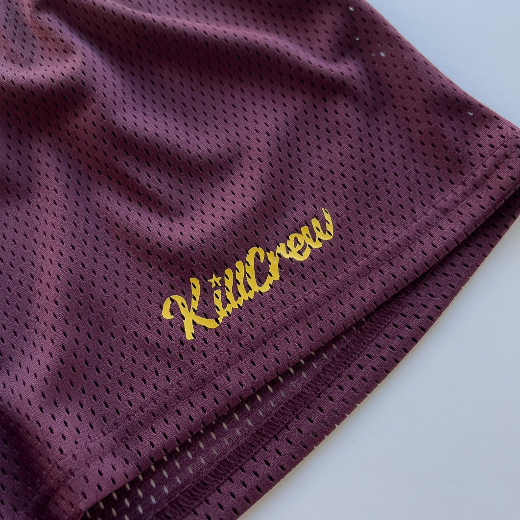 VENTED MESH SHORTS SCRIPT - MAROON / GOLD