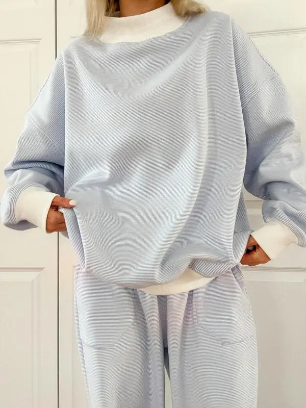 Blue and White Mini Striped Mockneck Sweatshirt