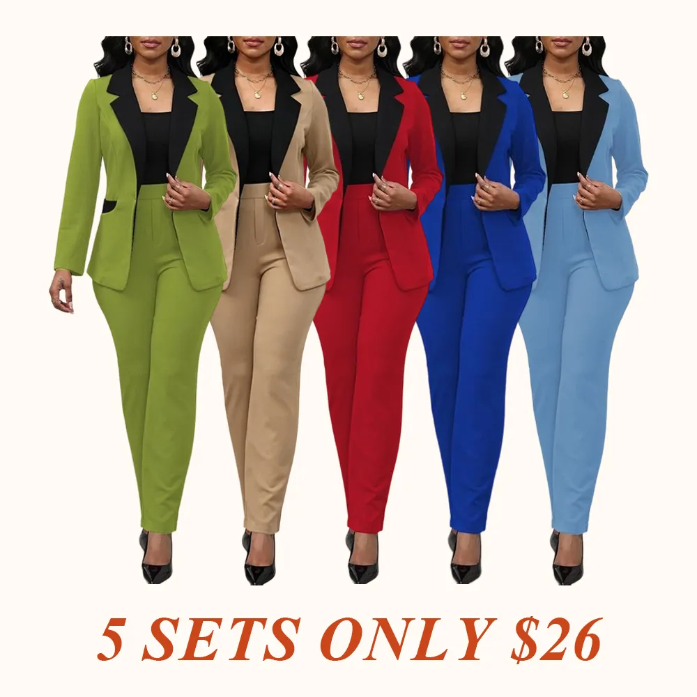 Women's Colorblock Blazer & Straight Leg Pants Set, Elegant Two-piece Set for Work Office Business, Ladies' Suits for All Seasons