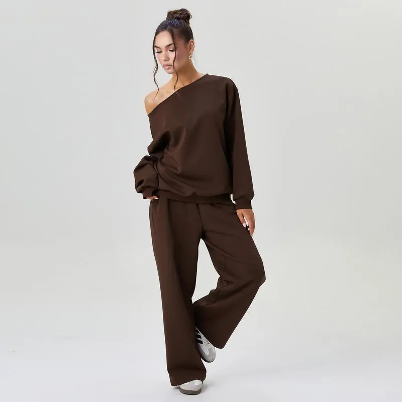 Women's Leisure Solid Color Sloping Shoulder Long Sleeve Top & Wide Leg Trousers Co-ord