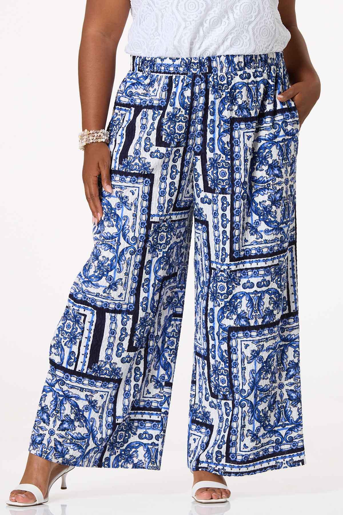 Plus Size Textured Blue Floral Pants