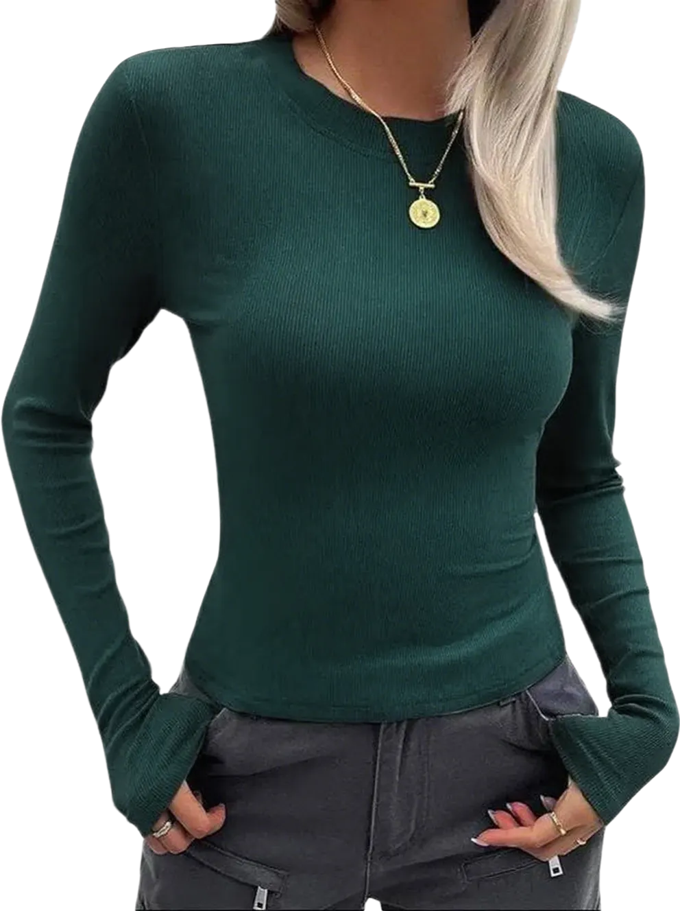 Women Long Sleeve Stretch Slim Round Neck Ribbed Basic Top