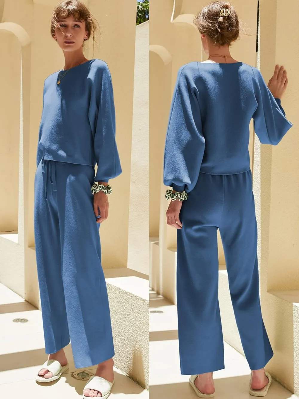 Womens Fall Winter Casual Solid Knitted 2 Piece Sets Long Sleeve Hoodie