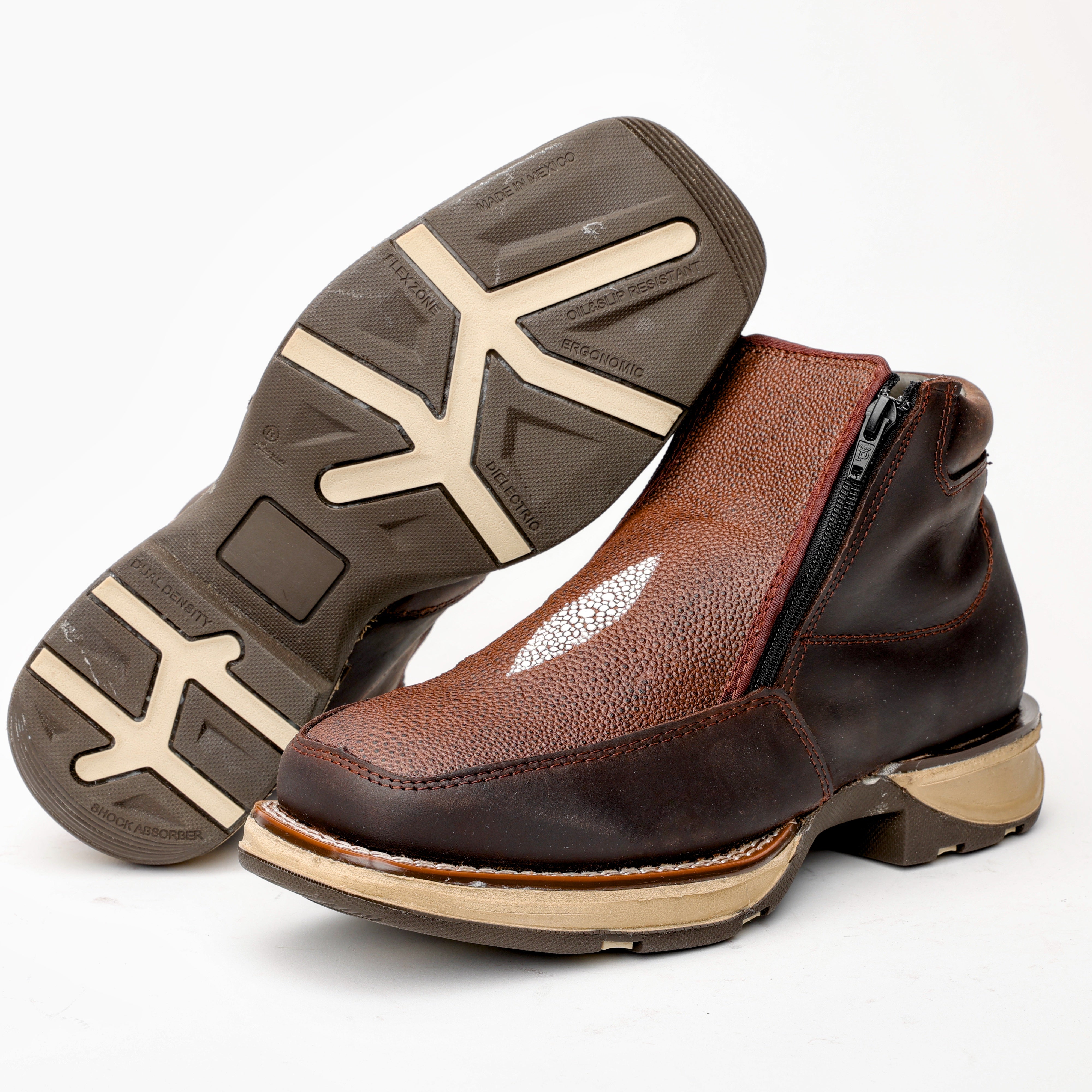 Brown Stingray Leather Botin With 3D Lightweight Soles - Square Toe