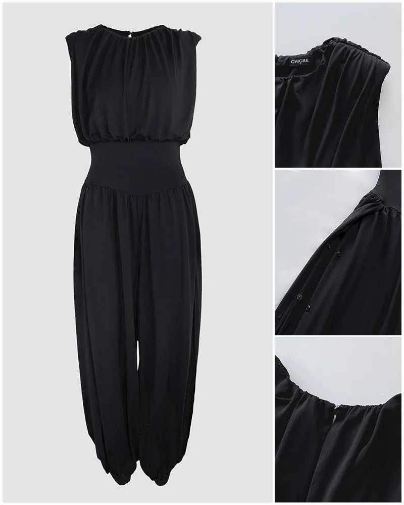 Women's Padded Shoulders Sleeveless Cinched Basque Waist Side High Slit Overalls Casual