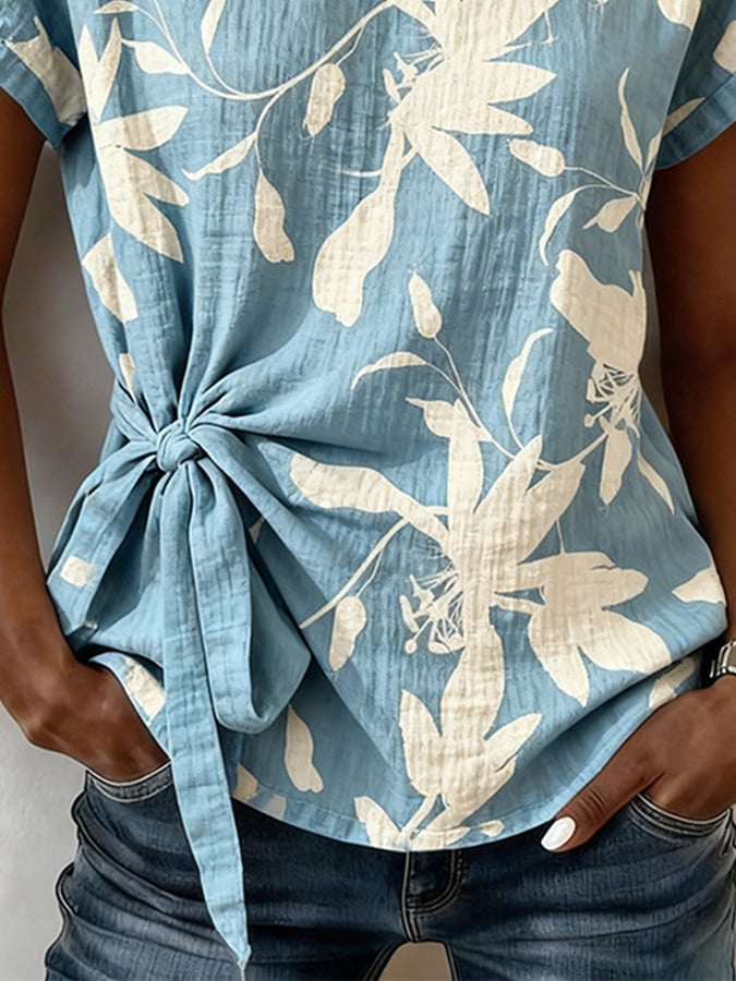 Women's Casual Round-Neck Printed Cotton-Linen Top