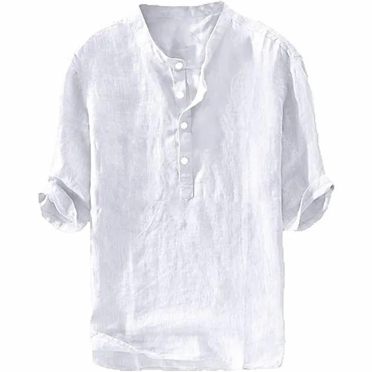 Mens Linen Shirts Casual Cotton 3/4 Sleeve Regular-Fit Henley T-Shirt Summer Lightweight Beach Yoga Tops