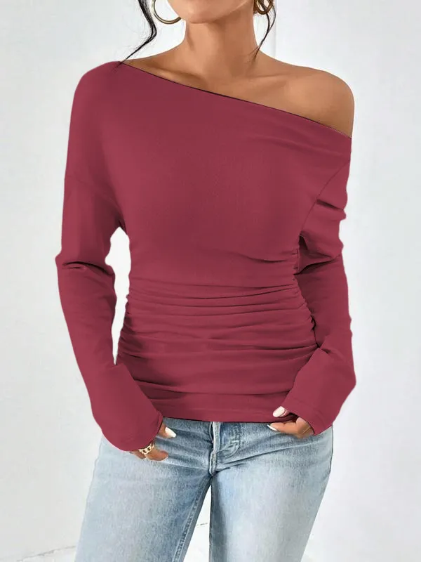 Women's Plain Ruched Asymmetrical Neck Drop Shoulder Tee