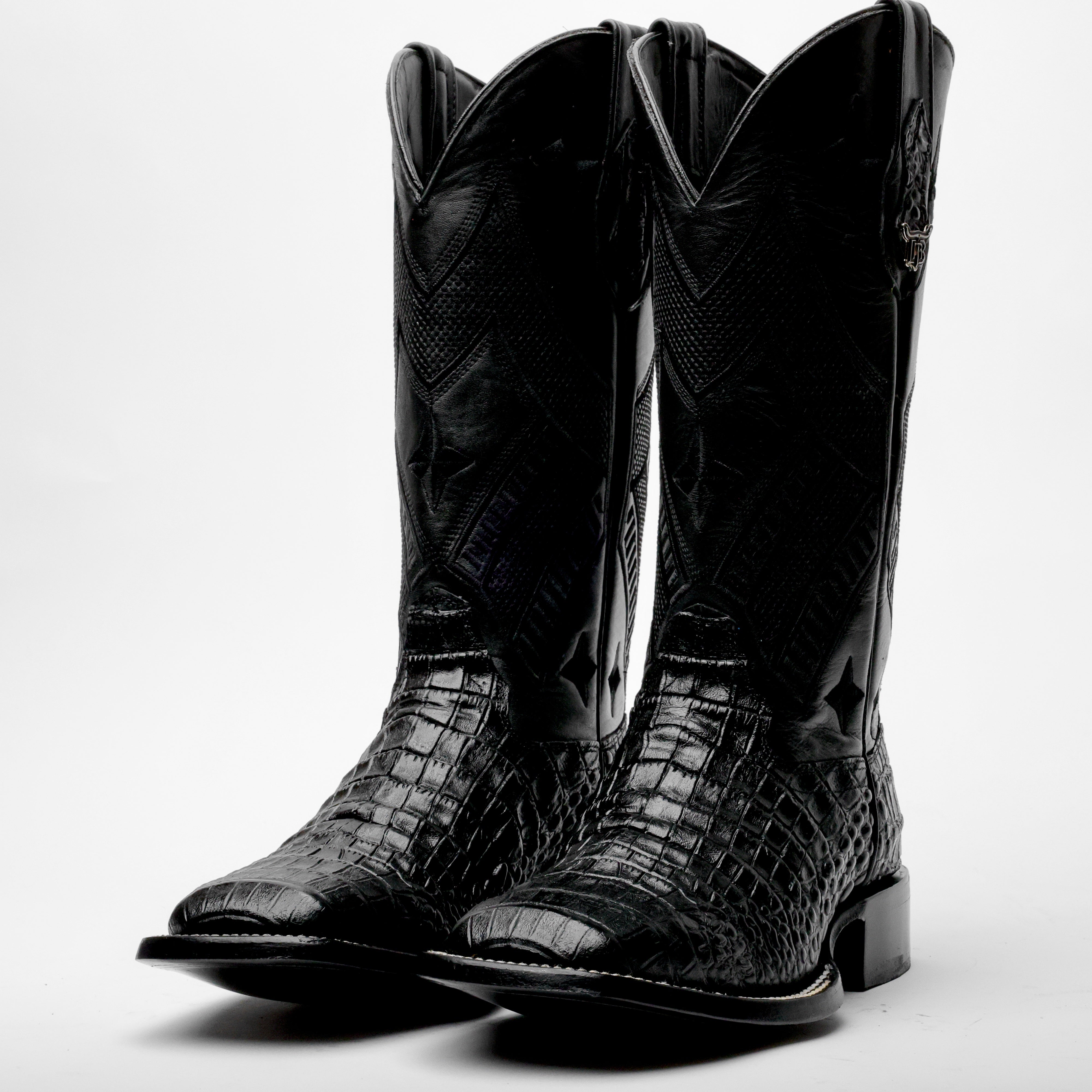 Total Black Caiman Belly Leather Boots - Square Toe