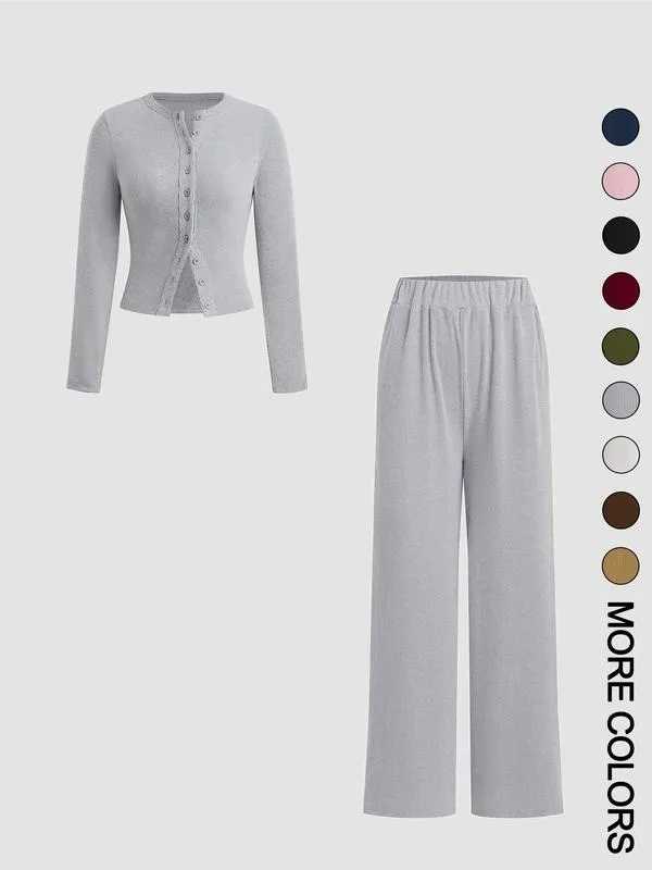 Two-piece Set Women's Solid Button Front Ribbed Crop Top & Elastic Waist Pants