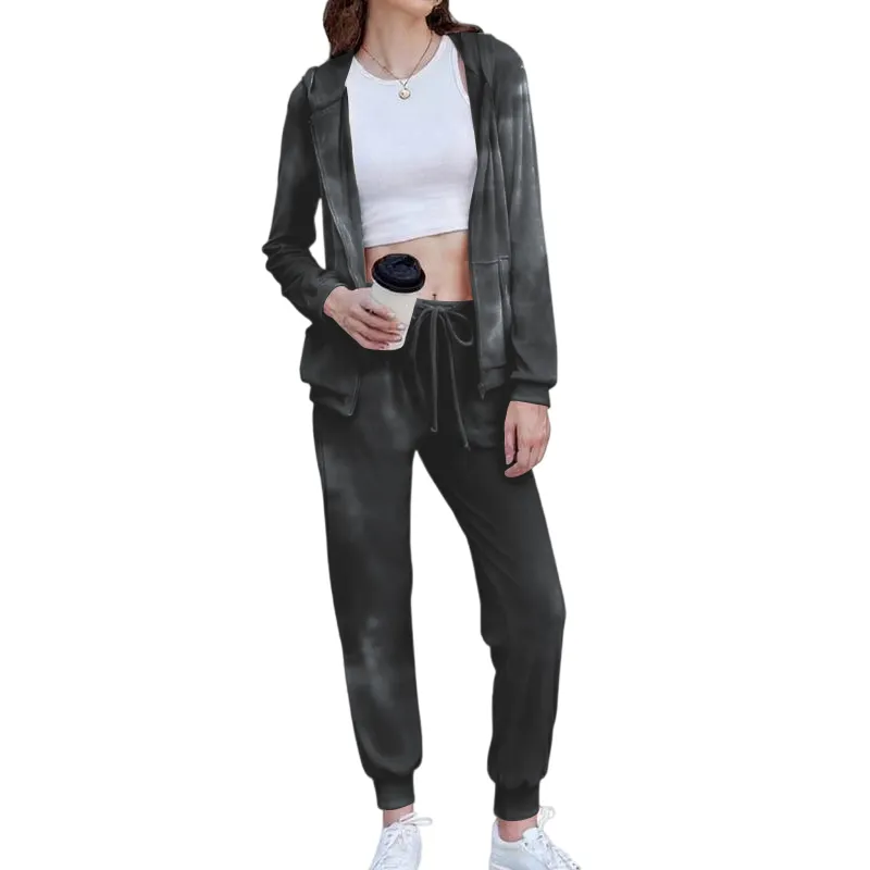 Women's Casual Velour Tracksuit Set Full Zipper Hoodie