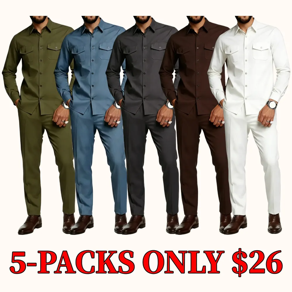 A minimalist men's business suit includes a long-sleeved shirt and straight-leg trousers.