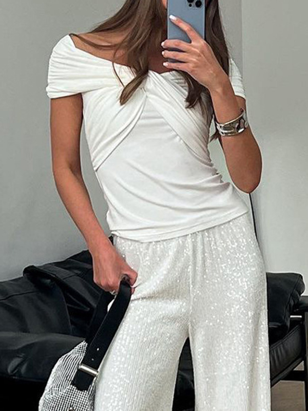 Knot Pleated Solid Color Split-Joint Short Sleeves Skinny Boat Neck T-Shirts Tops