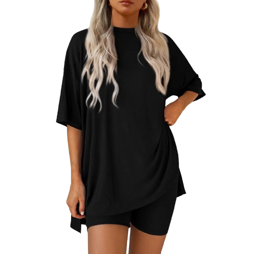 Women's Summer Two-Piece Lounge Set – Oversized Top & Biker Shorts, Soft & Comfy