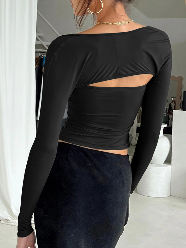 Solid Color Long Sleeves Skinny Collarless T-Shirts Tops