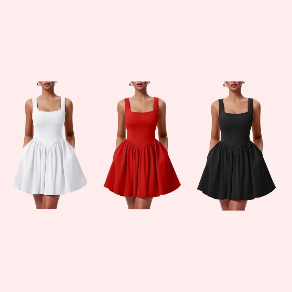 Women's Square Neck A-line Ruffle Hem Mini Tank Dress with Pockets