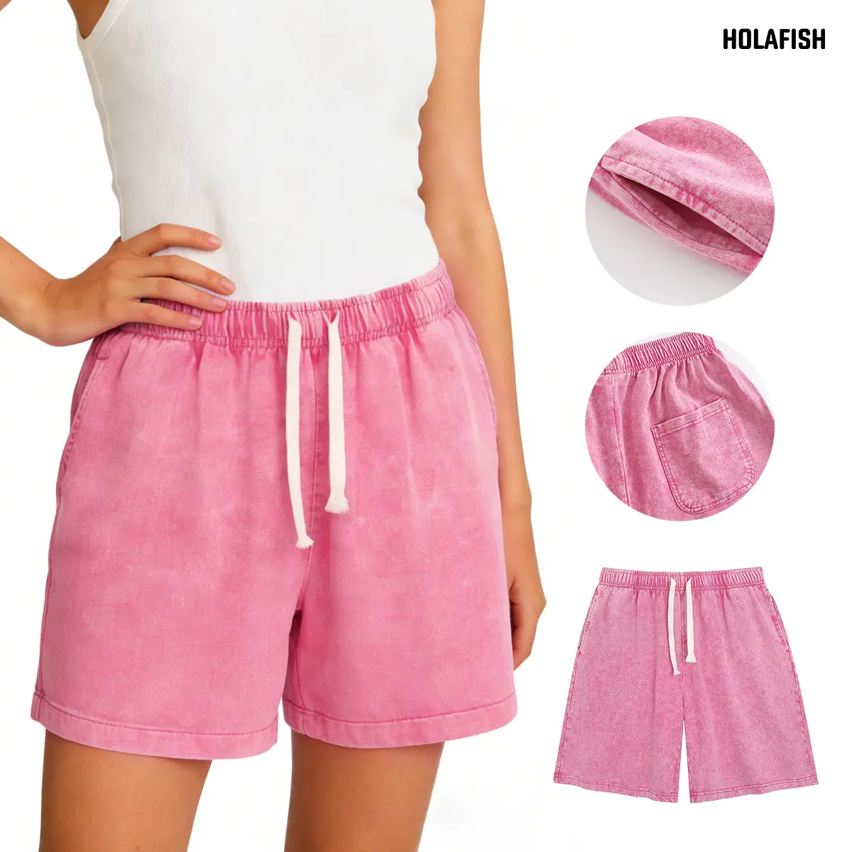 Holafish Retro Acid Wash Basic Unisex Tee & Shorts Cotton,7