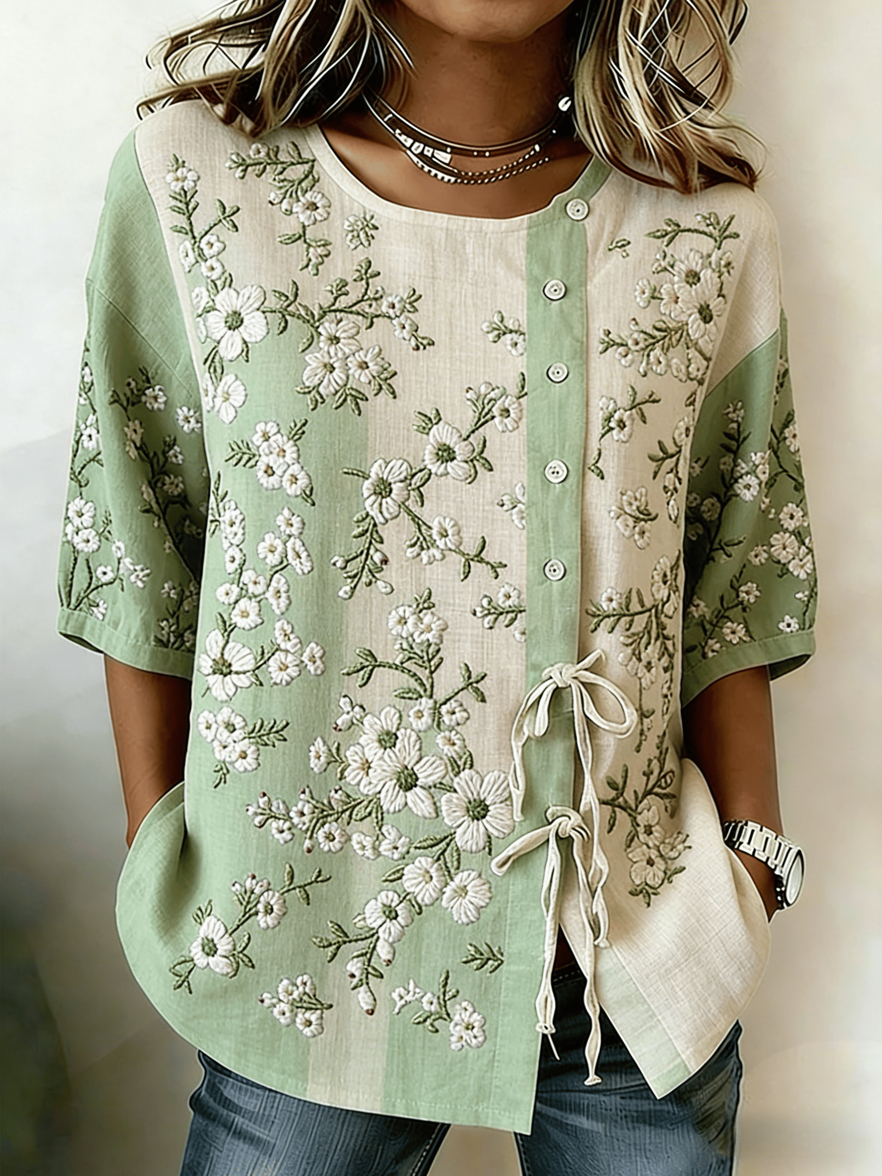 Women's Literary Retro Floral Print Tie Waist Linen Style Blouse- Fast Shipping