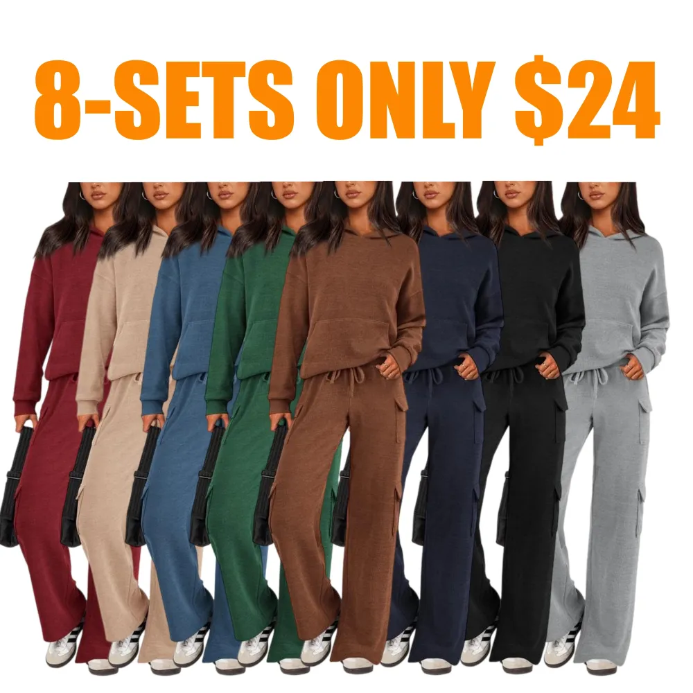 Women’s Casual Knit Tracksuit – Hoodie & Wide Leg Pants with Pockets