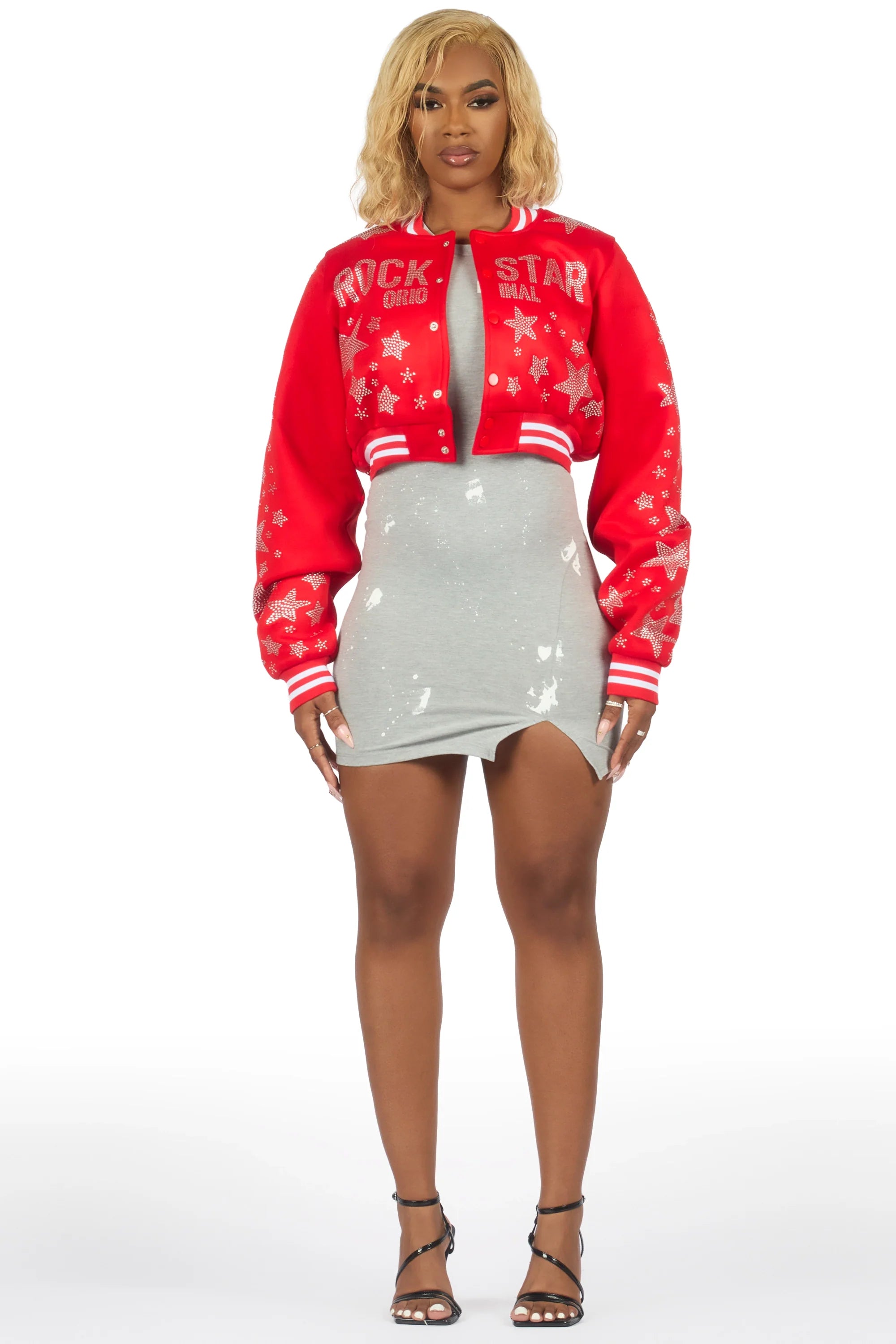 Shanda Red Crop Rhinestone Varsity Jacket