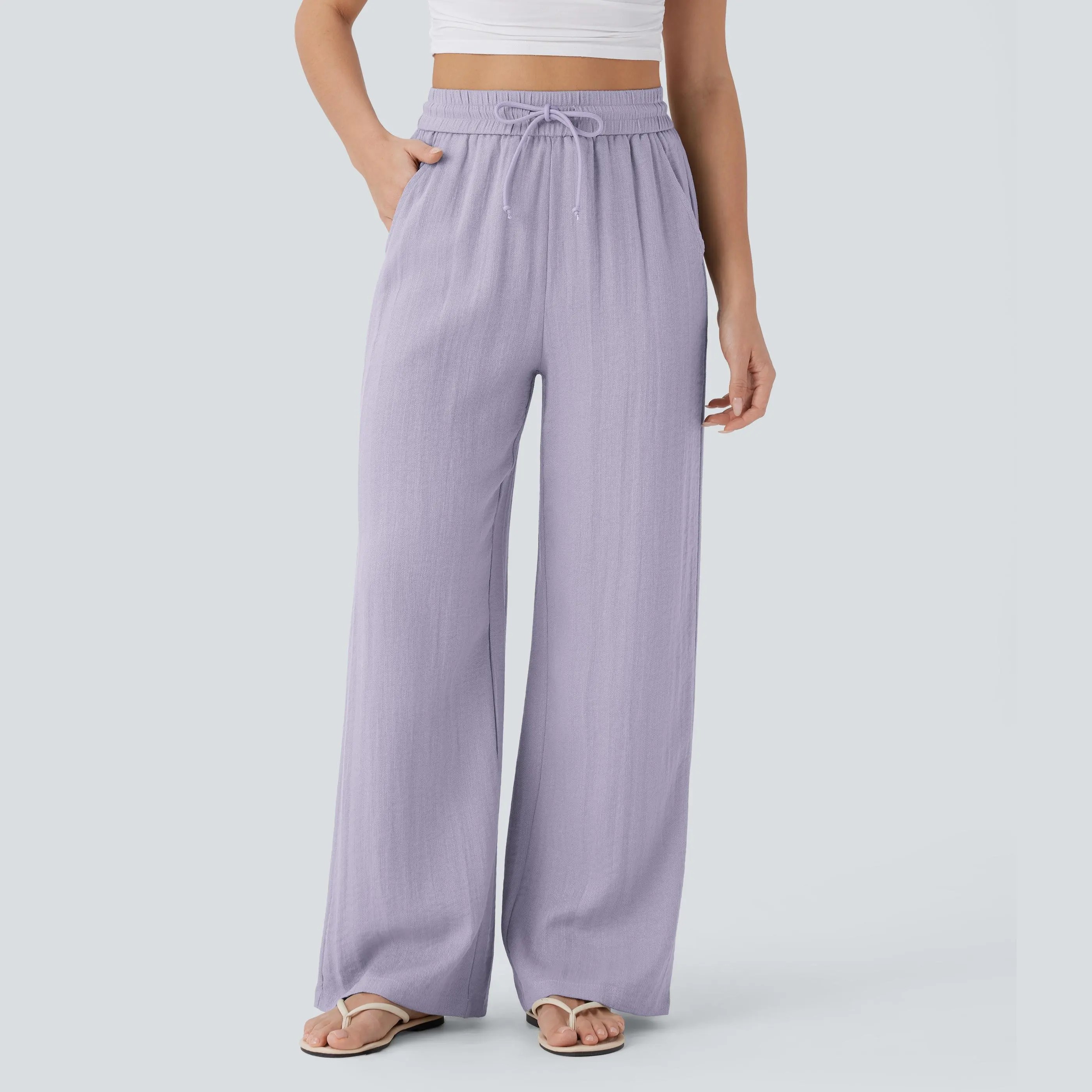 Women's High Waisted Wide Leg Pants – Linen-Feel Casual Drawstring with Pockets