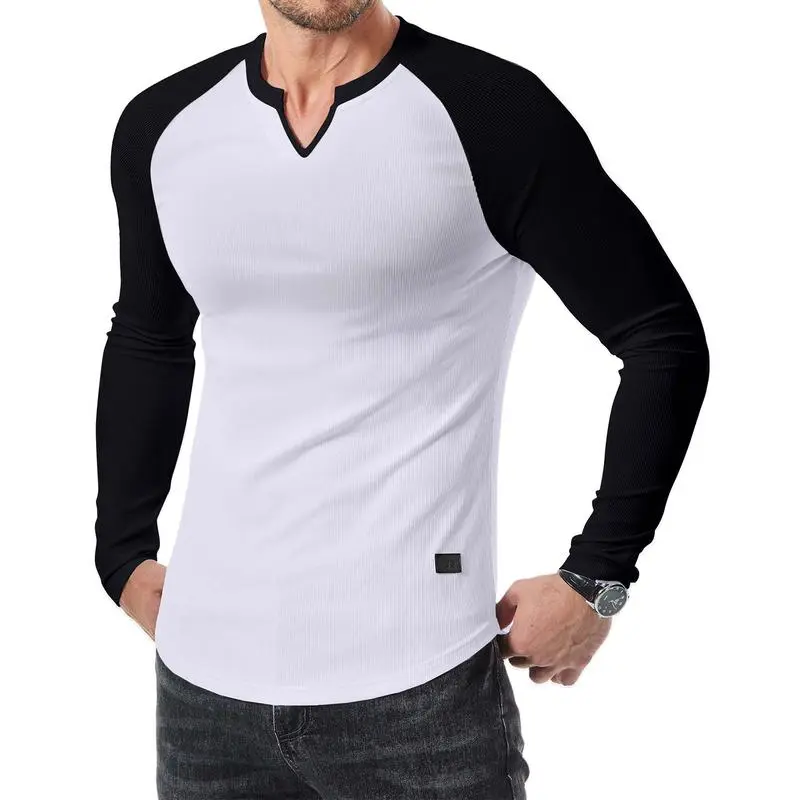 Mens Long Sleeve Muscle T Shirts Casual V-Neck Longline Ribbed Tee Shirts