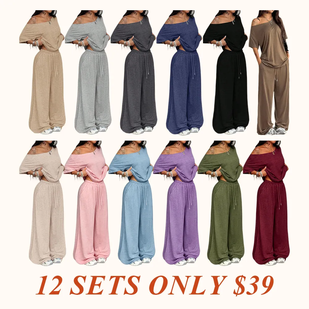 Women's Casual Solid Color Sport Two-Piece Set, Loose Long Pants & Wide Leg Slant Neck Pant Suit