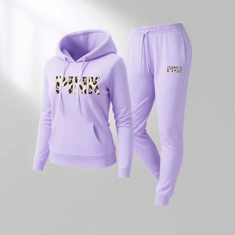 Women's Leopard Pink Print Hoodie & Drawstring Sweatpants Set