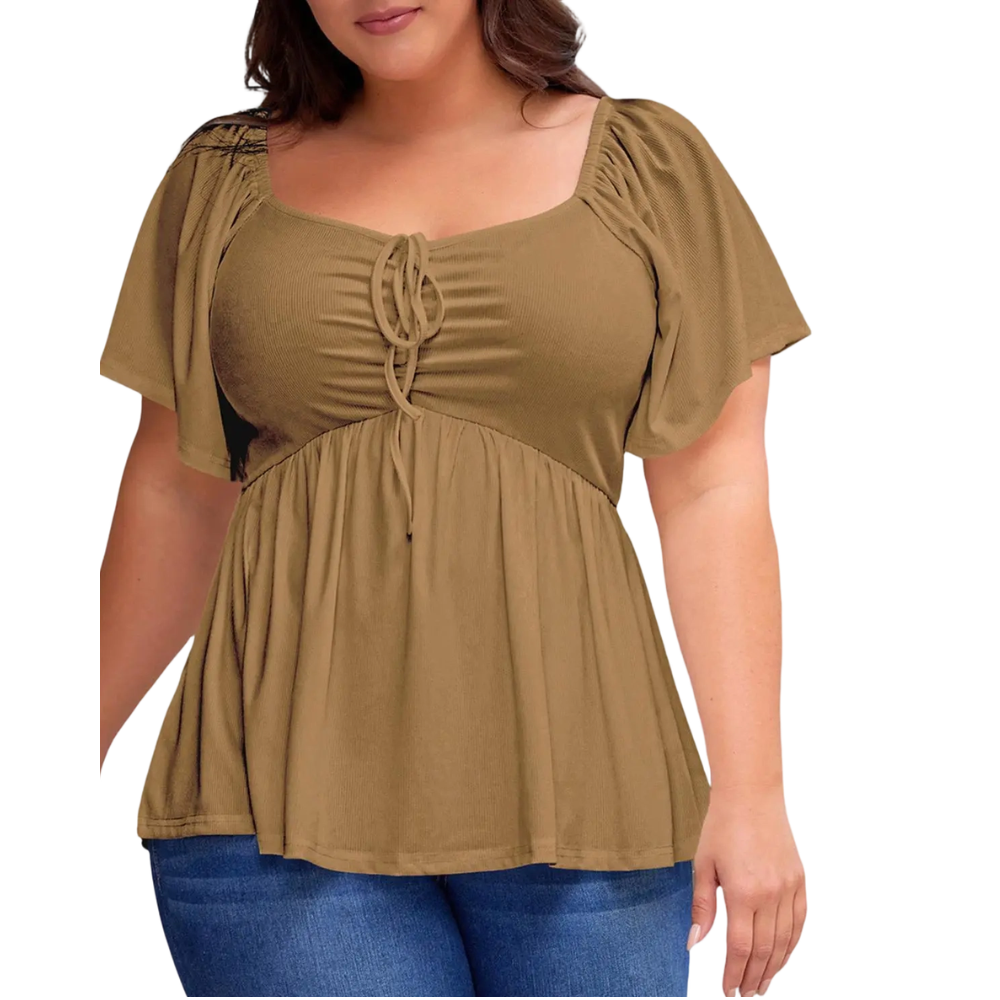 Women's Large-Sized Heart-Shaped Collar Short-Sleeved Ruffled Blouse