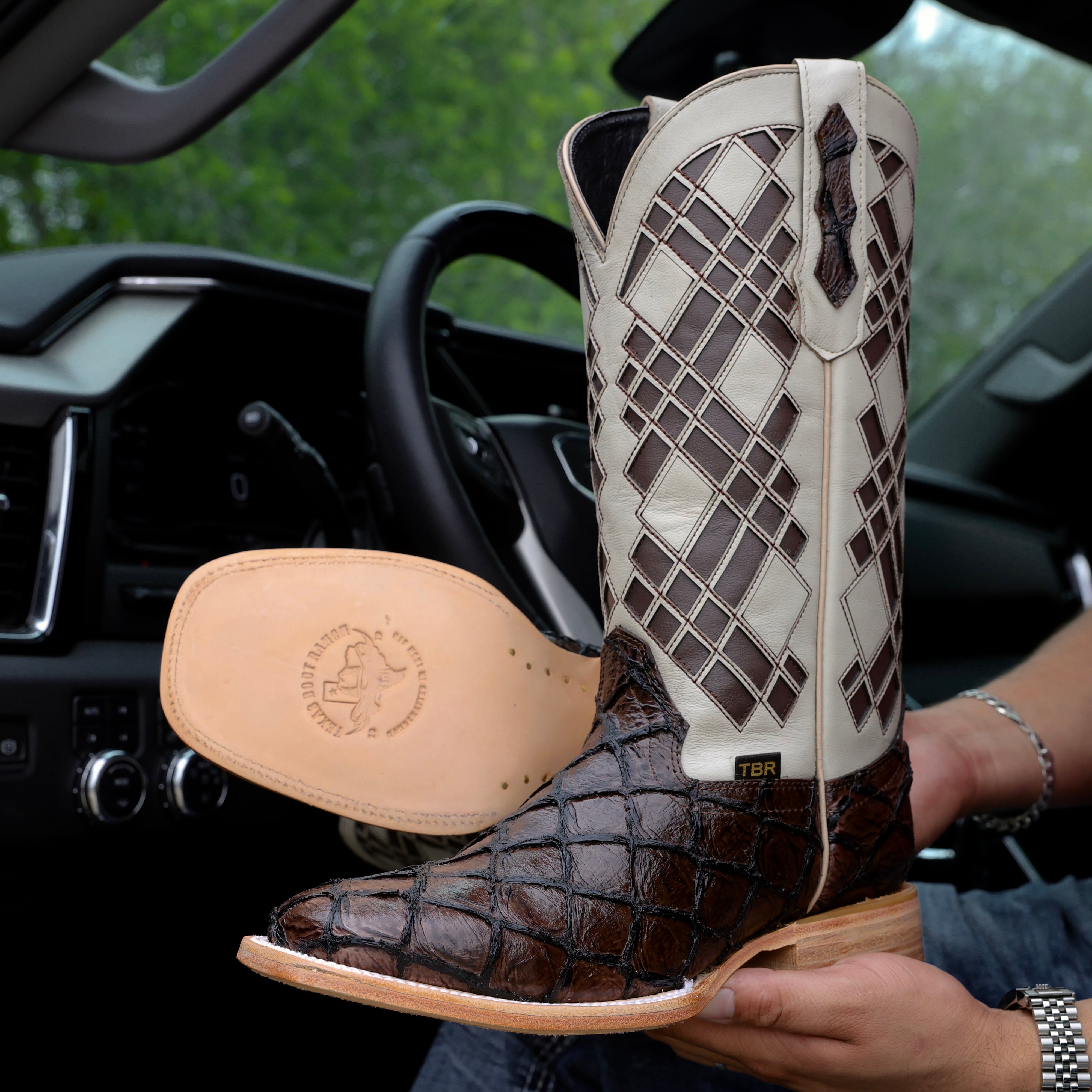 Chocolate Brown Pirarucu Leather Boots - Square Toe